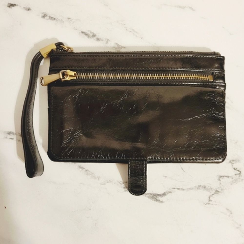 HOBO Shiny Black Distressed Leather Wristlet Wallet With Wanderlust Lining - Picture 7 of 11